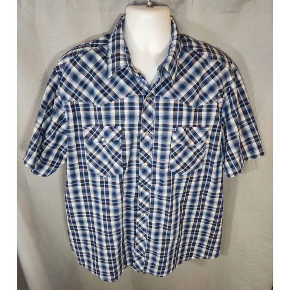 Wrangler Shirt Mens XXL Blue Plaid Short Sleeve Button Up Western Pearl Snap